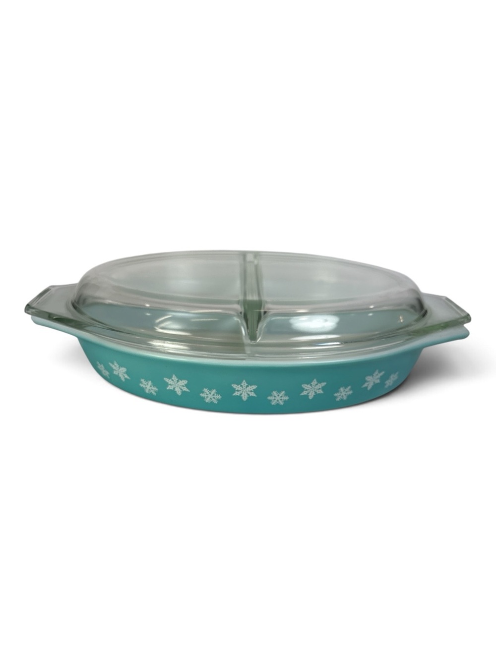 Vintage Pyrex Turquoise Blue Snowflake 1.5 Qt Divided Casserole Dish With Lid